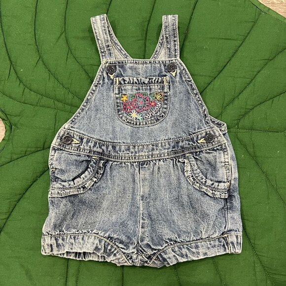 OshKosh B'Gosh 12M Denim Bubble Romper Overalls Floral Embroidered Jean - Picture 1 of 6